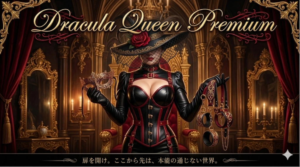 ドラキュラクイーン公式の女王イザベラによるM性感・SM・変態マニアック動画アーカイブのメインビジュアル。黒と赤のボンテージに身を包み、高級感溢れる玉座で手枷足枷を持つ姿。五反田発のフェティシズム聖域への入り口。